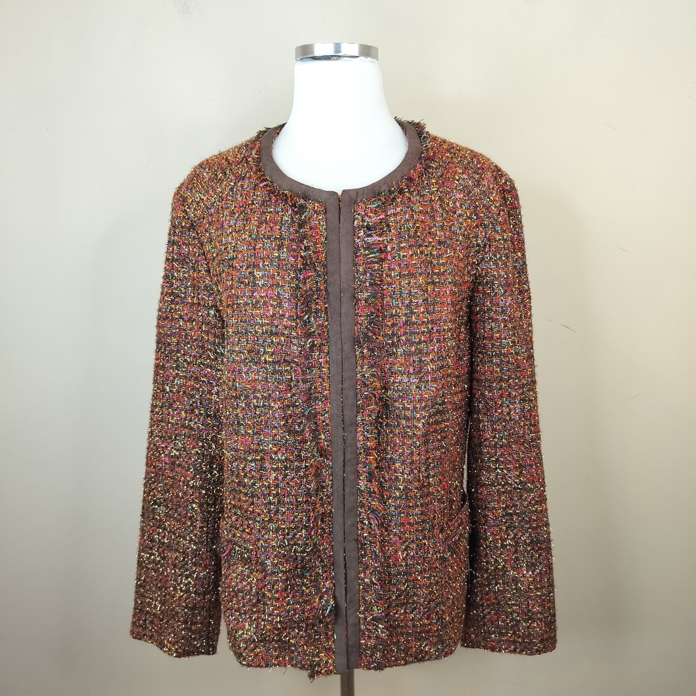 Chico's Tweed Colorful Metallic Jacket 3 / XL Fringe Trim Classic Office Blazer
